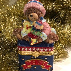 Christmas Teddy Bear and Duo Porcerlain and Gold Box